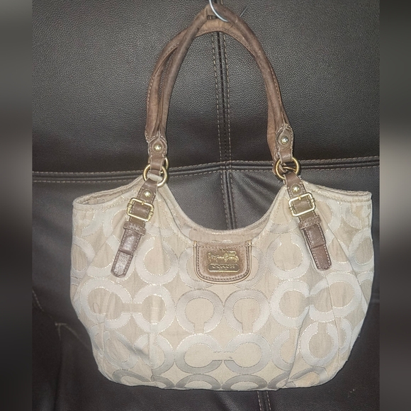 Coach Handbags - Coach Madison Op Art Lurex Signature Logo Abigail Bag Cream Canvas Purse 18638